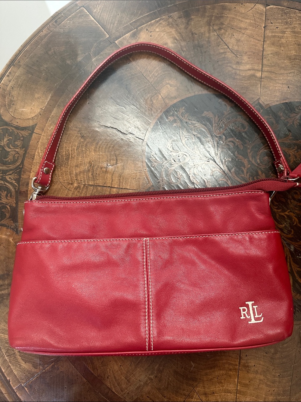 Ralph Lauren Red Leather Shoulder Bag with RLL Monogram